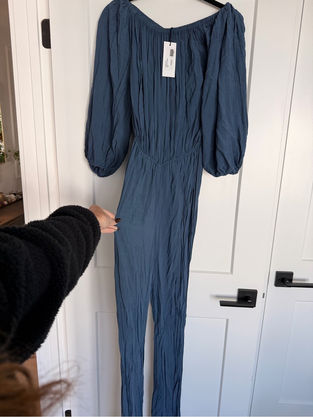 Novella Royale Slate Blue Off-Shoulder Jumpsuit with Balloon Sleeves
